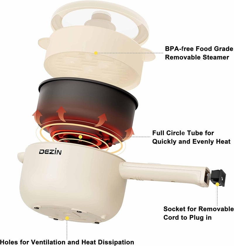 DEZIN Electric Cooker, 2L Non-Stick Sauté Pan, Rapid Noodles Cooker, Mini Pot for Steak, Egg, Fried Rice, Ramen, Oatmeal, Soup with Power Adjustment, College Dorm Room Essential(Egg Rack Included) - Image 3